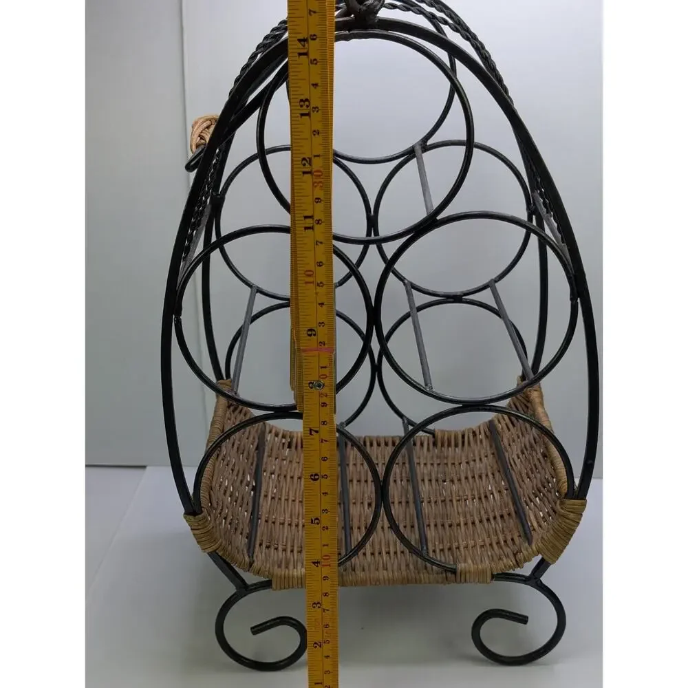 6 Bottle Wine Rack Black Metal Wicker Rattan Countertop Decorative Holder